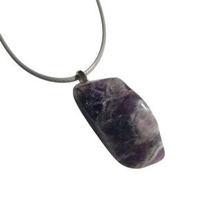 Amethyst Polished Stone Pendant Necklace Silver Tone Adjustable Purple White